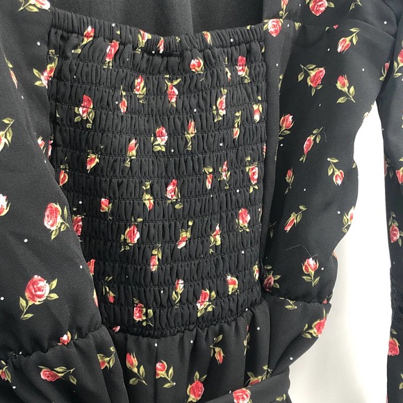 Disney Princess Dress Floral Tie Waist Flounce Sleeve Smocked Open Back Black XL - Picture 9 of 11